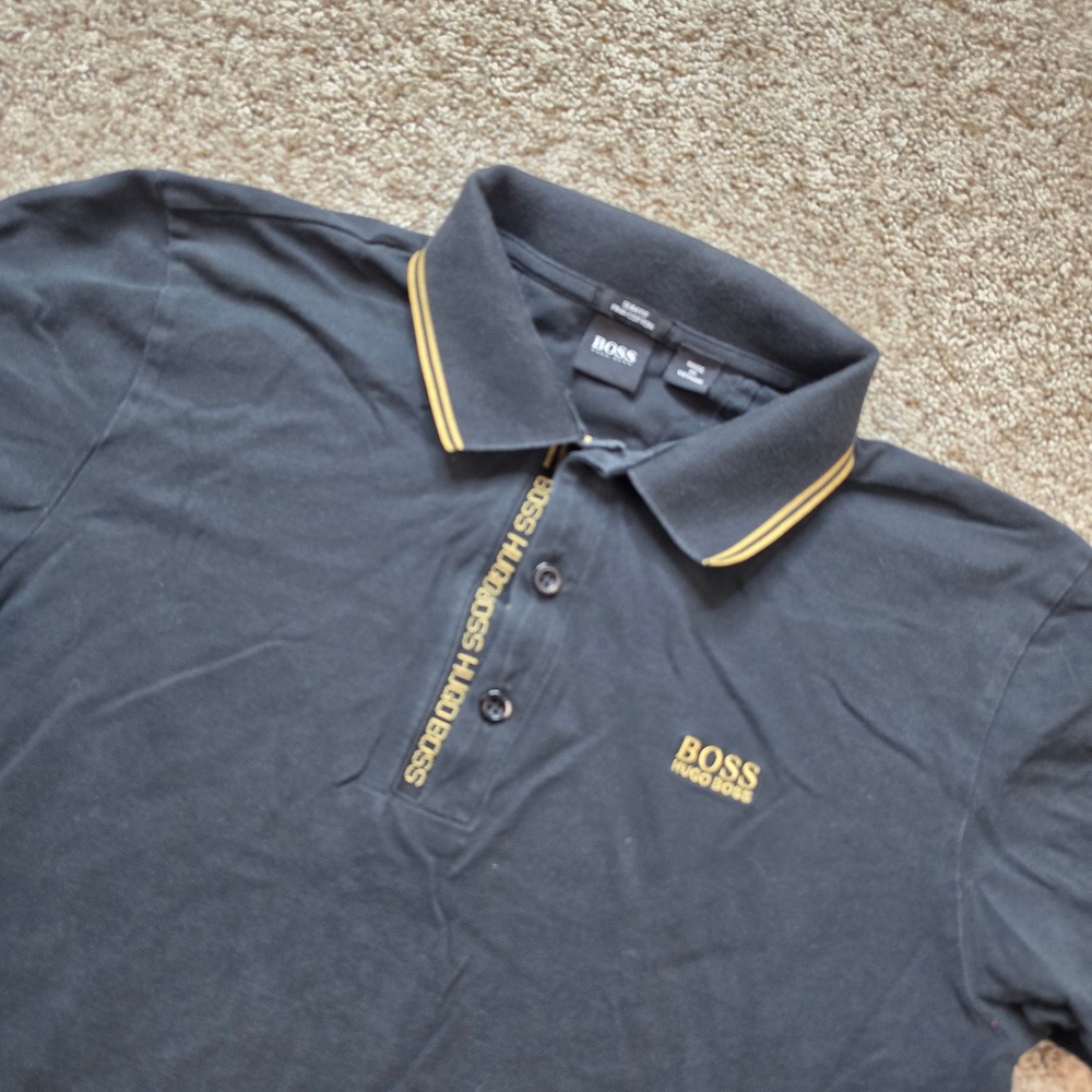 Hugo Boss Polo Shirt Mens Large Black Pima Cotton Slim Fit Gold Preppy Adult